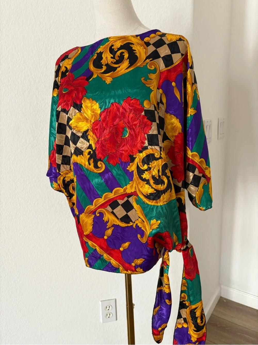 Vintage 80s Baroque Floral Satin Blouse Colorful Statement Top